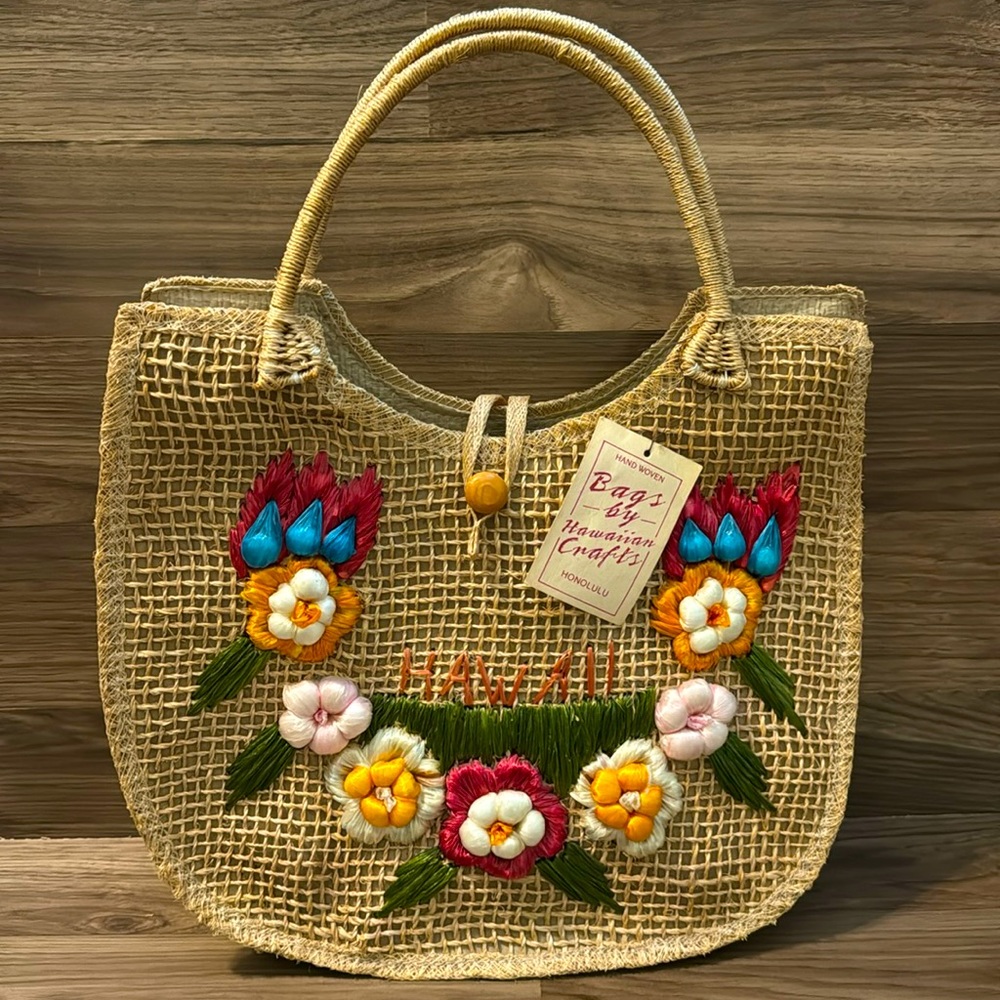 Hawaii Vintage Handwoven Raffia Floral Embroidered Top Handle Shoulder Tote Bag